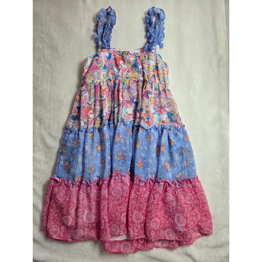 Jona Michelle Girls Tiered Floral Paisley Dress Pink‎ Blue Size 10 Cottagecore